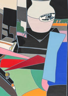 A pop art style image featuring a man in a hat and suit, an easel with art supplies including paintbrushes in a pot, and a sign in the background that reads "BARNUM & BAILEY" by Ugo Nespolo. The artwork uses a collage-like composition with geometric shapes and bold colors.
