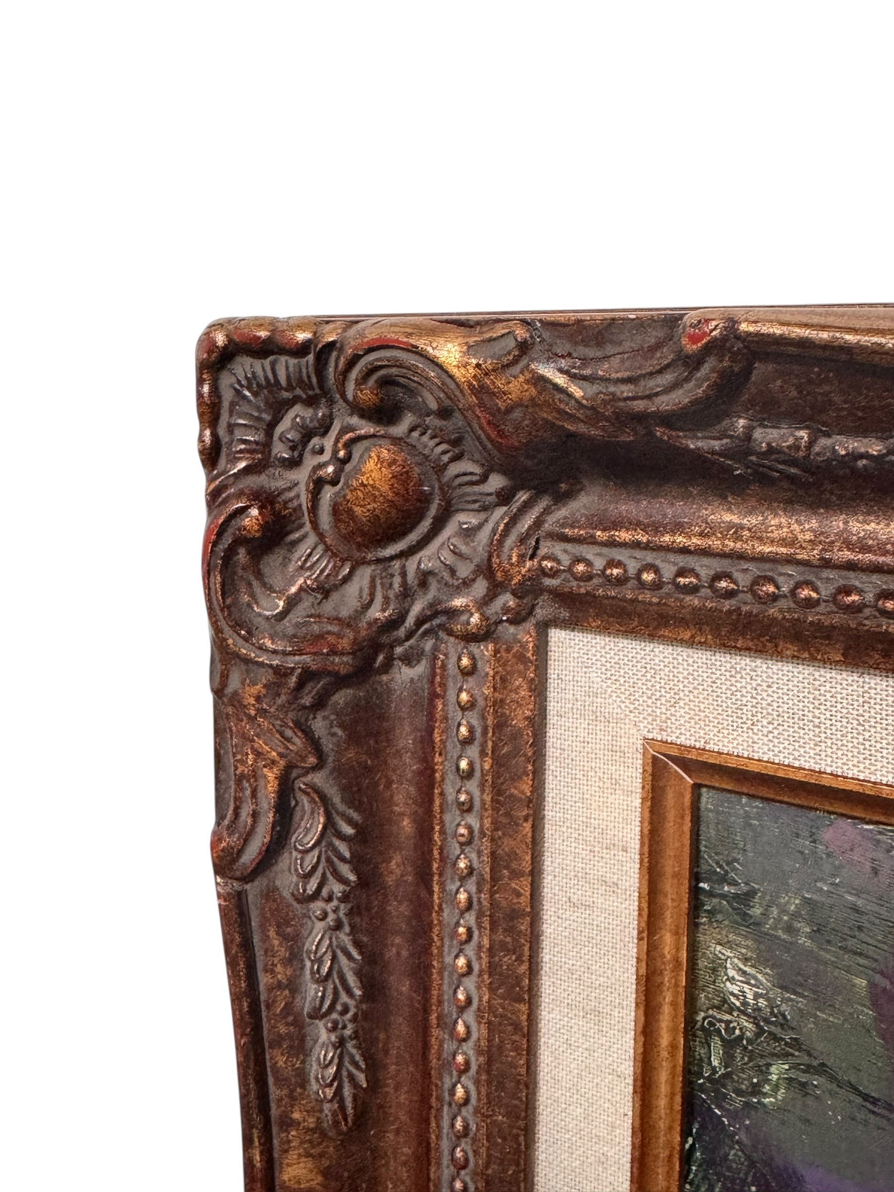 An oil painting still life featuring a copper teapot with a wooden handle, a blue glass vase, a red apple, a whole orange, and several orange slices, all arranged on a white tablecloth against a blurred purple and green background. The artist's signature "B. Willamson 2019" is visible in the bottom right corner.