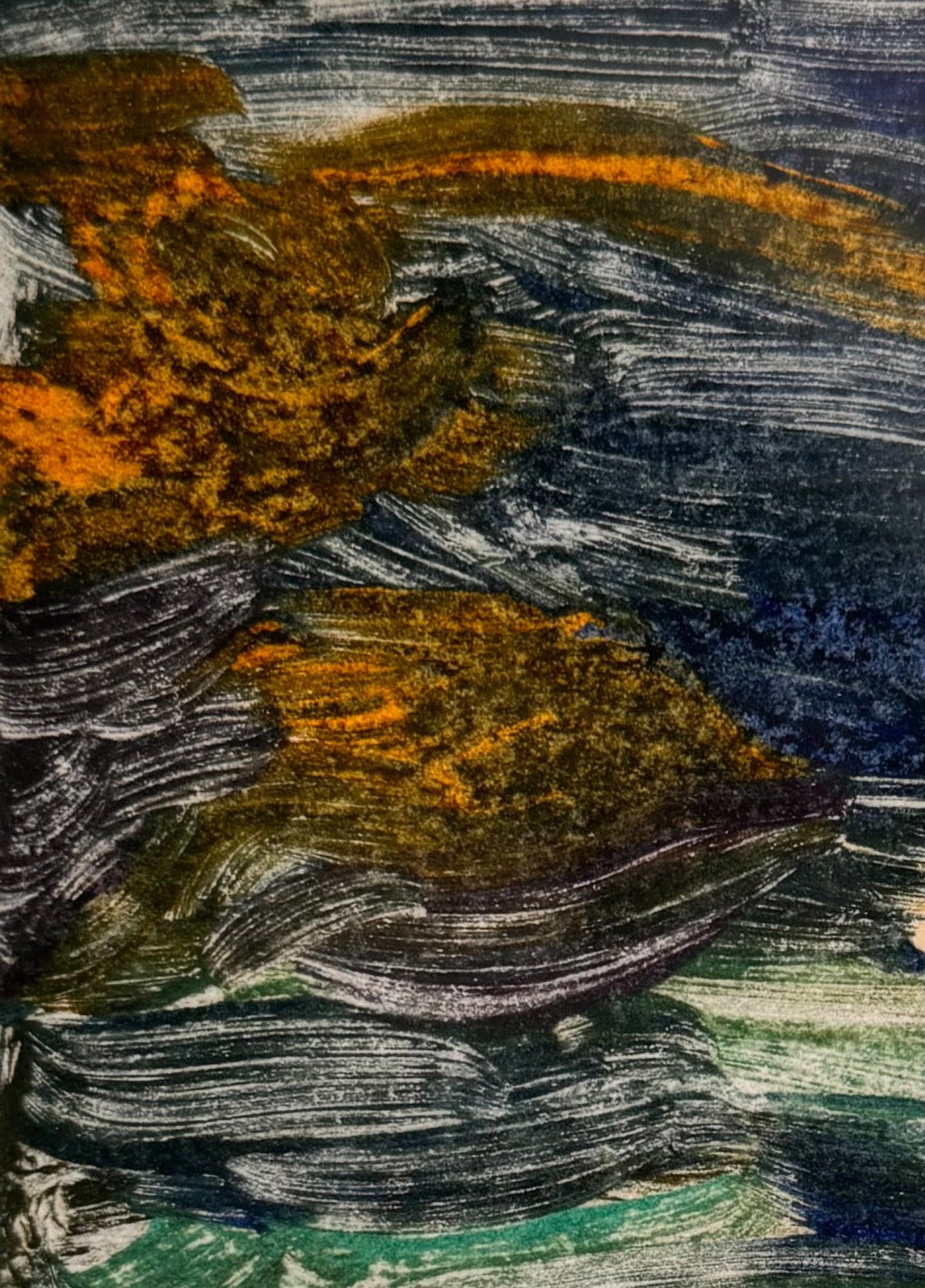 A vertical rectangular artwork, "Embers," by Jill London (2003), framed in a wide, textured gold frame. The piece features a small, abstract expressionist print at the center, rendered in dark, painterly strokes of deep blues, browns, yellows, and white, resembling moving water or smoke. Below the print, on the cream mat, the artist's signature, title, and date are hand-written in pencil. The paper has a delicate, textured deckled edge.
