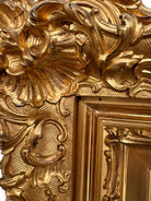 The artwork is a painting on porcelain plaque, titled "Chickens Foraging in a Barn Yard" by the American artist Paul E. Harney Jr. (1850-1915). It is housed in an ornate, gilt frame. The painting depicts a rural scene with several chickens on a grassy ground near a small structure with a thatched roof and a white picket fence in the background