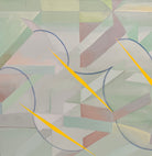 An abstract, horizontally oriented geometric oil painting framed in light natural wood. The composition features a complex, cubist-like lattice of interlocking planes, sharp angles, and transparent shards rendered in a soft, muted palette of pastel greens, lavender-grays, pale blues, and subtle pinks. Intersecting this subdued background are thin, dark blue sweeping arcs that trace circular movements across the canvas. Piercing through the composition are several sharp, dynamic, bright yellow shards shaped 