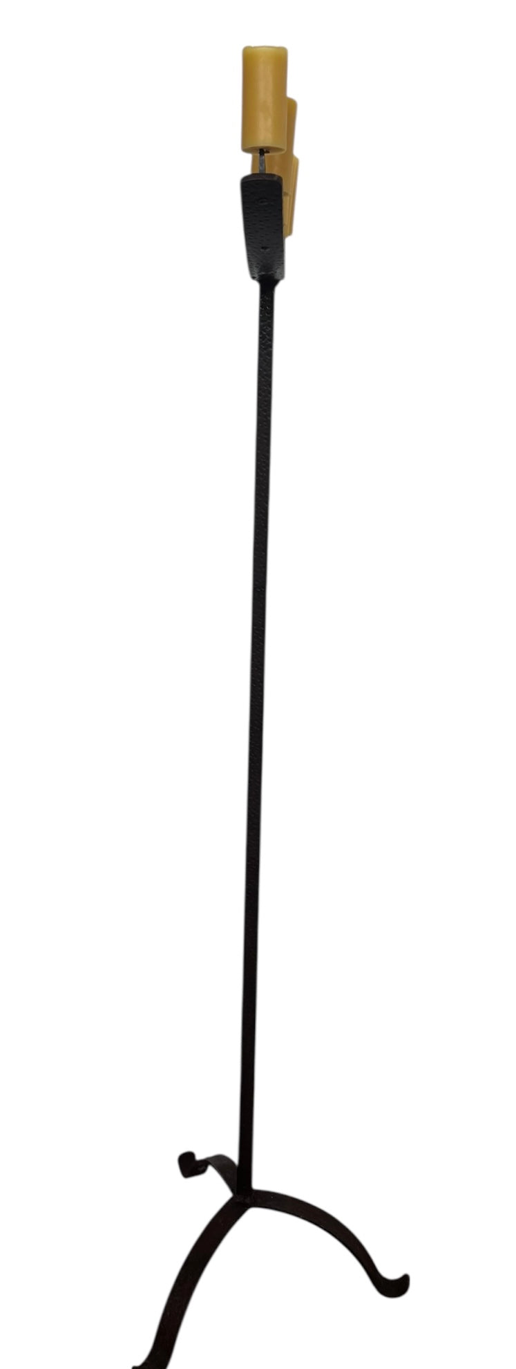 Tall, free-standing Spanish Revival wrought iron candelabra with seven candle prickets holding beeswax candles.