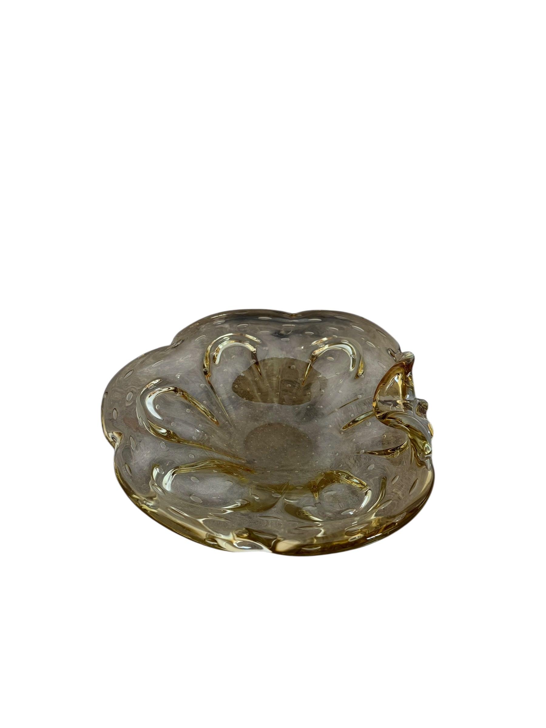 Scalloped amber yellow art glass ashtray with controlled bubbles