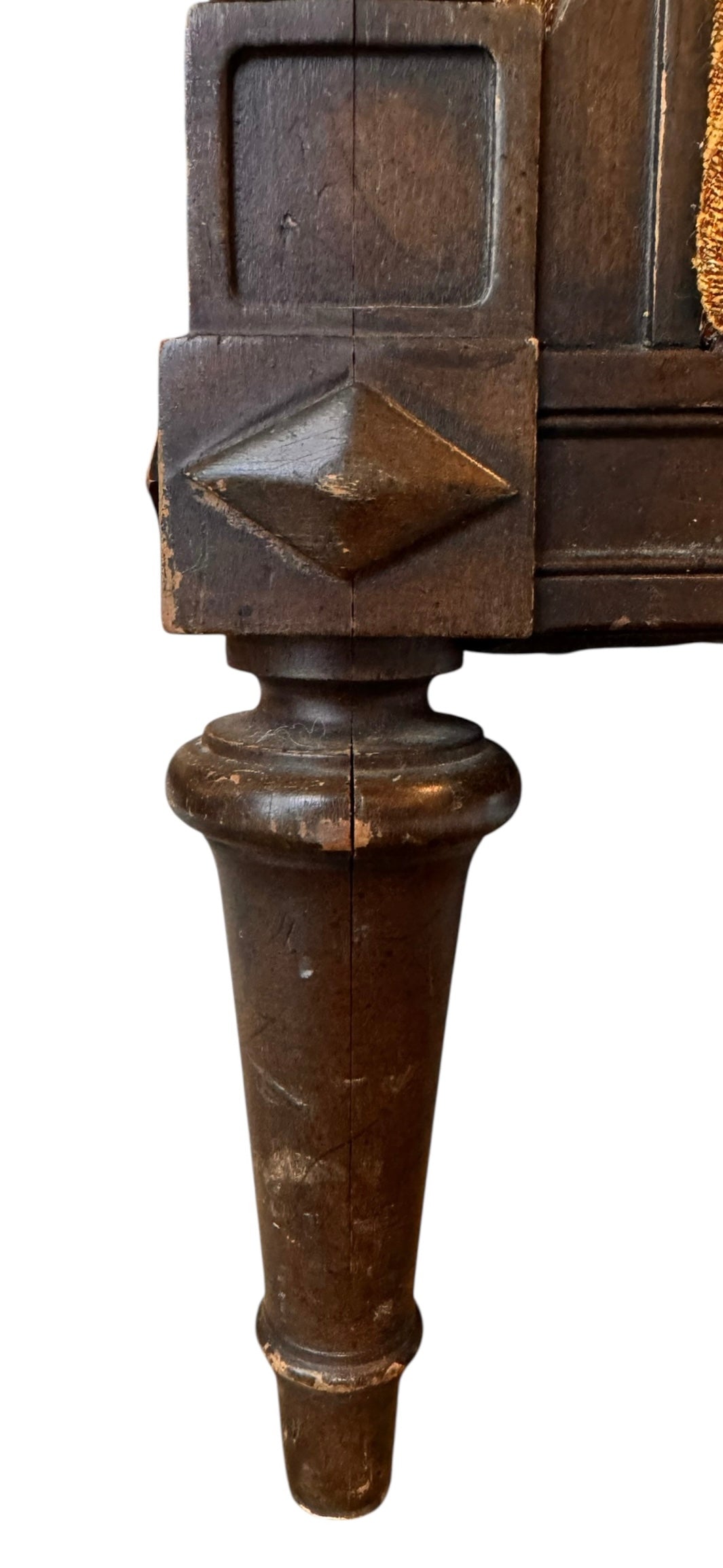 A Neoclassical-style wooden loveseat with a dark mahogany frame featuring scrolled arms and tapered legs. The upholstery consists of plush cushions and two matching cylindrical bolster pillows, all covered in a golden-yellow jacquard fabric with a large-scale, repeating autumnal leaf pattern in shades of muted orange and brown.