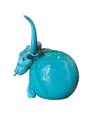 Glossy turquoise ceramic Ankole-Watusi sculpture with long, stylized horns and a nose ring.