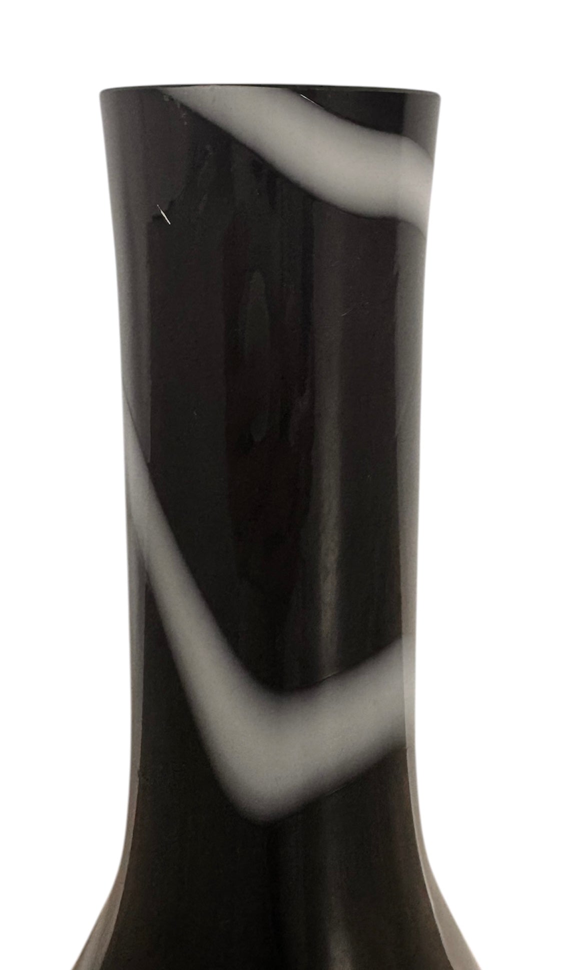 A sleek, hand-blown Polish art glass vase featuring a tall, slender neck that flares into a rounded, bulbous body. The vase is made of opaque black glass decorated with a continuous white spiral ribbon that winds around the entire piece from base to rim. The high-gloss, reflective surface creates sharp highlights, emphasizing its smooth, sculptural silhouette against a plain white background.
