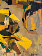 An abstract mixed media painting, titled "Summer Landscape" by Elsa Warner, featuring a dynamic composition of fragmented geometric and organic shapes in vibrant yellow, black, and earthy brown tones. 