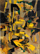 An abstract mixed media painting, titled "Summer Landscape" by Elsa Warner, featuring a dynamic composition of fragmented geometric and organic shapes in vibrant yellow, black, and earthy brown tones. 