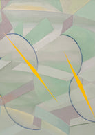 An abstract, horizontally oriented geometric oil painting framed in light natural wood. The composition features a complex, cubist-like lattice of interlocking planes, sharp angles, and transparent shards rendered in a soft, muted palette of pastel greens, lavender-grays, pale blues, and subtle pinks. Intersecting this subdued background are thin, dark blue sweeping arcs that trace circular movements across the canvas. Piercing through the composition are several sharp, dynamic, bright yellow shards shaped 