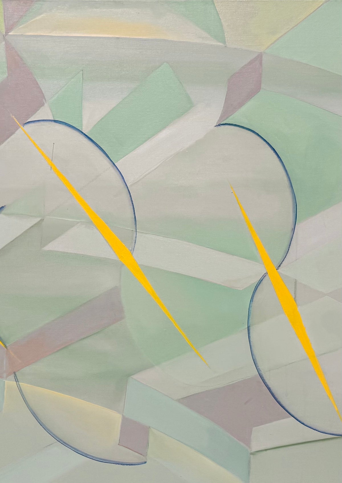 An abstract, horizontally oriented geometric oil painting framed in light natural wood. The composition features a complex, cubist-like lattice of interlocking planes, sharp angles, and transparent shards rendered in a soft, muted palette of pastel greens, lavender-grays, pale blues, and subtle pinks. Intersecting this subdued background are thin, dark blue sweeping arcs that trace circular movements across the canvas. Piercing through the composition are several sharp, dynamic, bright yellow shards shaped 
