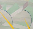 An abstract, horizontally oriented geometric oil painting framed in light natural wood. The composition features a complex, cubist-like lattice of interlocking planes, sharp angles, and transparent shards rendered in a soft, muted palette of pastel greens, lavender-grays, pale blues, and subtle pinks. Intersecting this subdued background are thin, dark blue sweeping arcs that trace circular movements across the canvas. Piercing through the composition are several sharp, dynamic, bright yellow shards shaped 
