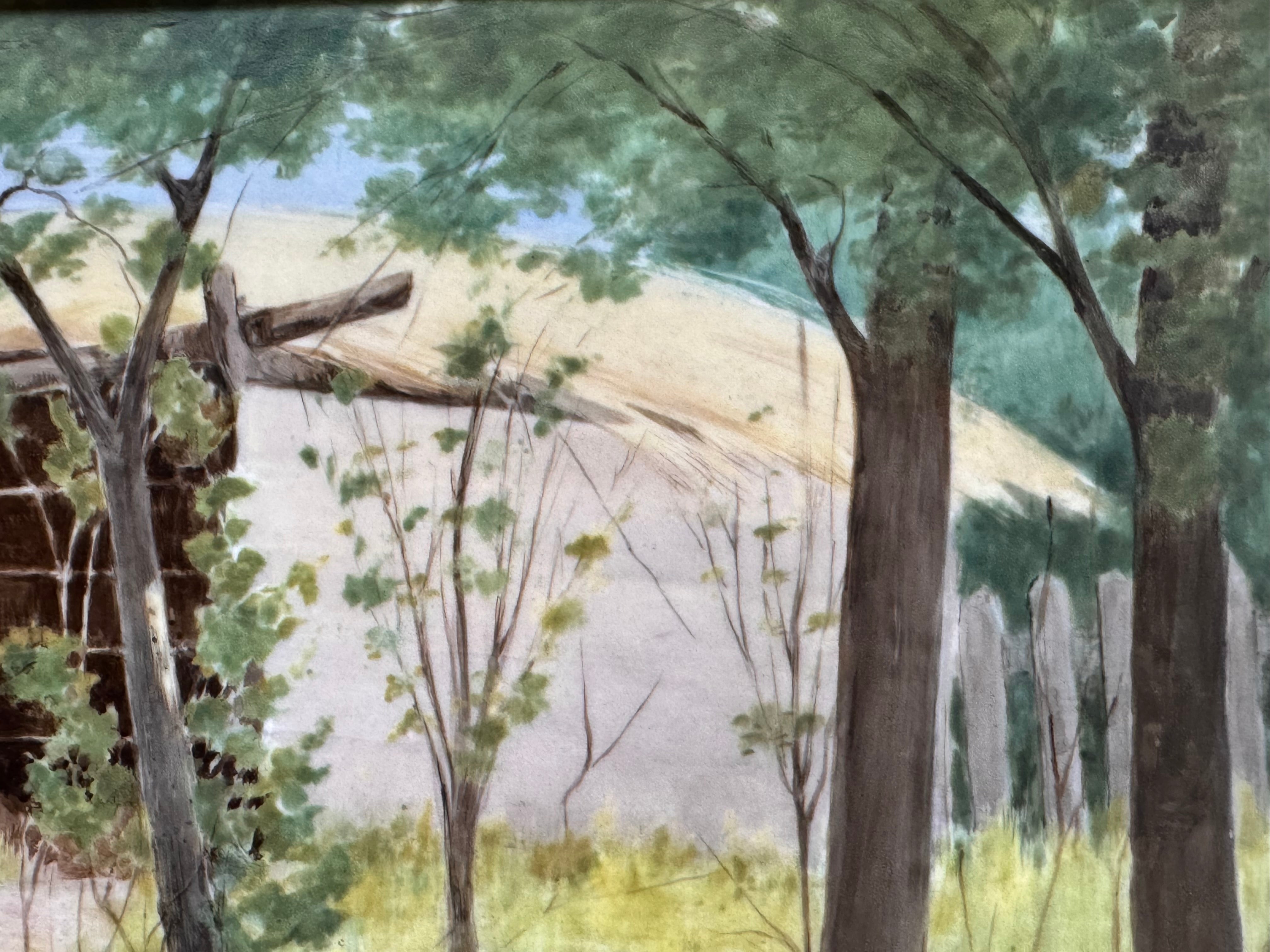 The artwork is a painting on porcelain plaque, titled "Chickens Foraging in a Barn Yard" by the American artist Paul E. Harney Jr. (1850-1915). It is housed in an ornate, gilt frame. The painting depicts a rural scene with several chickens on a grassy ground near a small structure with a thatched roof and a white picket fence in the background