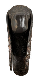 A dark, chocolate-brown ceramic sculpture by Enza Fasano depicting the stylized head of a hunting dog, such as a pointer or hound. The piece features a smooth, elongated snout and large, floppy ears with a textured, feathery finish that contrasts with the sleek crown of the head. The minimalist design emphasizes the dog's elegant profile and long neck.