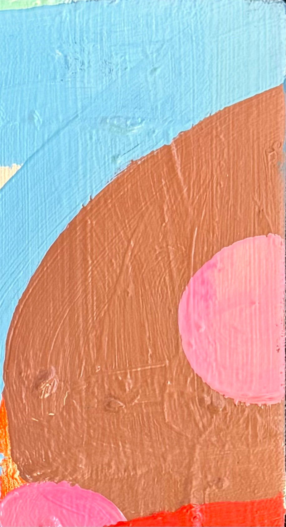 David Alysworth ‘Interfering Friends May Frown’ abstract oil painting in a brightly colored, abstract acrylic painting on canvas by depicting a landscape using thick, bold strokes of light blue, pink, orange, green, black, and brown a black wooden lacquered frame