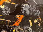 An abstract, vertical-oriented canvas painting featuring a dark background layered with highly textured, horizontal bands. The composition alternates between solid black strips and dense, speckled white-and-grey patterns that resemble static or stone texture. Splattered across the surface are energetic drips, lines, and splotches of bright yellow, stark white, and grey paint, creating a chaotic yet rhythmic sense of movement overlaying the geometric structure underneath.