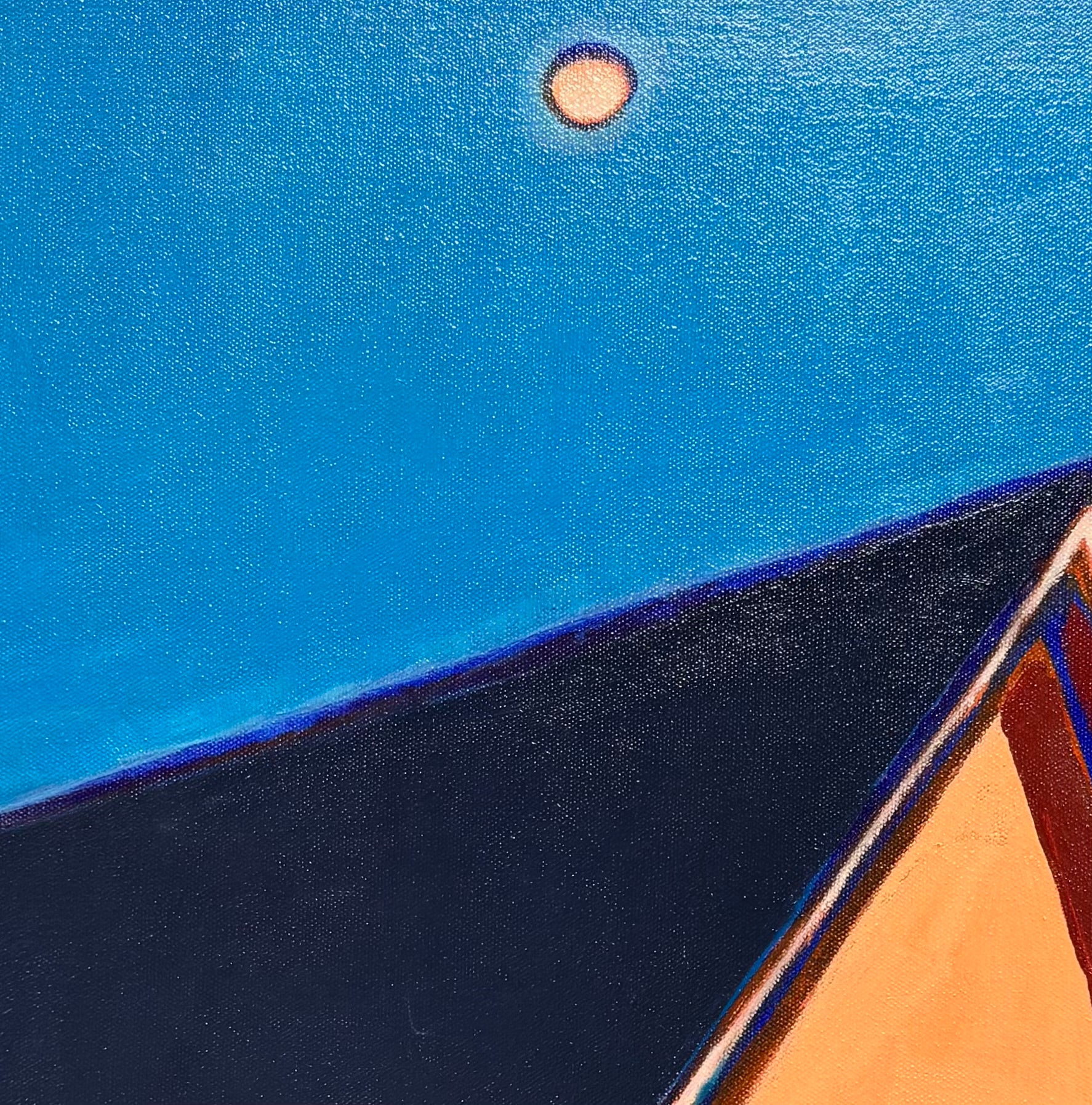 A vibrant, modern painting of a house with a purple side and an orange side with a window under a bright blue sky with a single moon by Elizabeth Payne titled “House in Moonlight”.