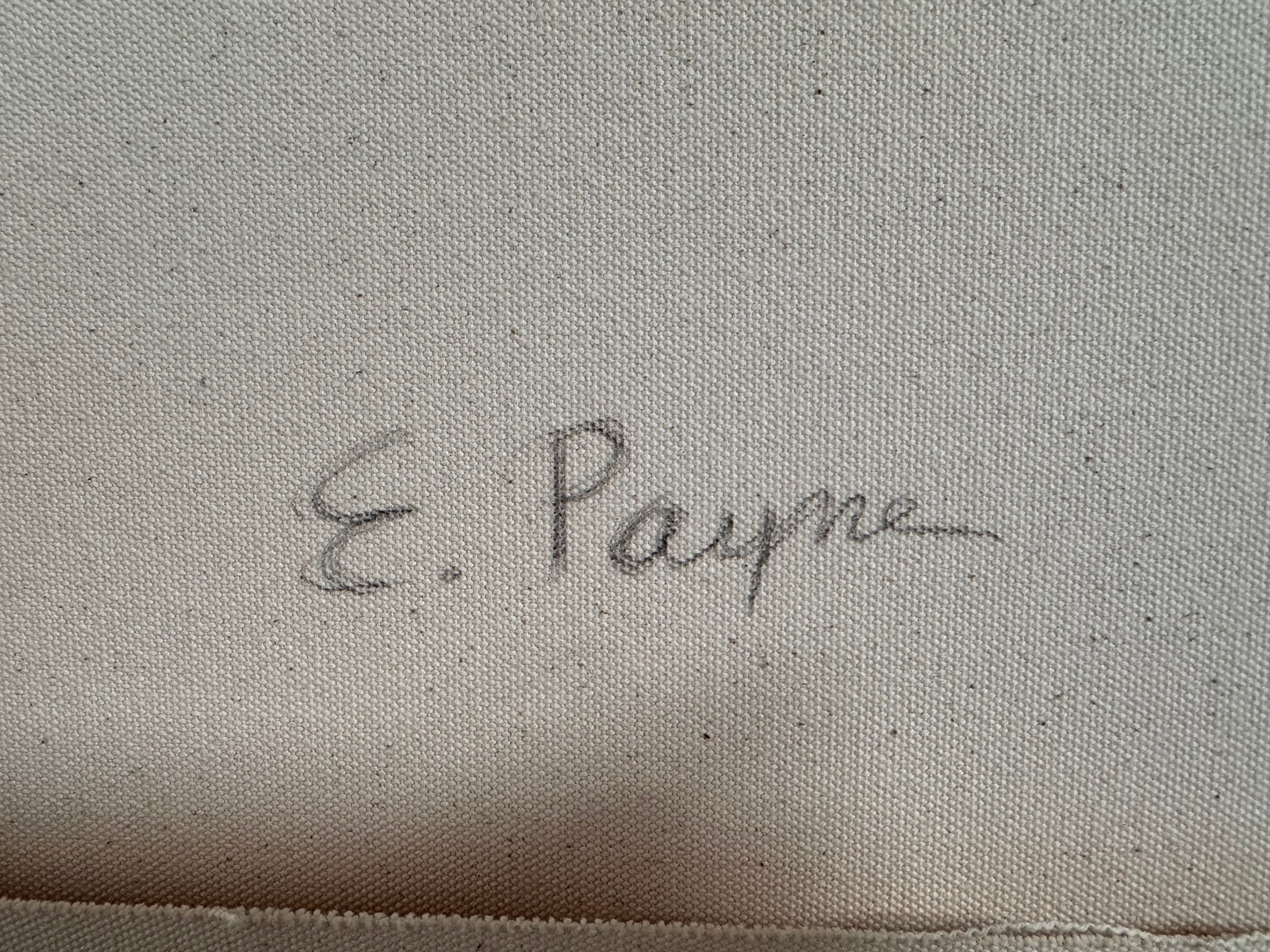 A vibrant, modern painting of a house with a purple side and an orange side with a window under a bright blue sky with a single moon by Elizabeth Payne titled “House in Moonlight”.