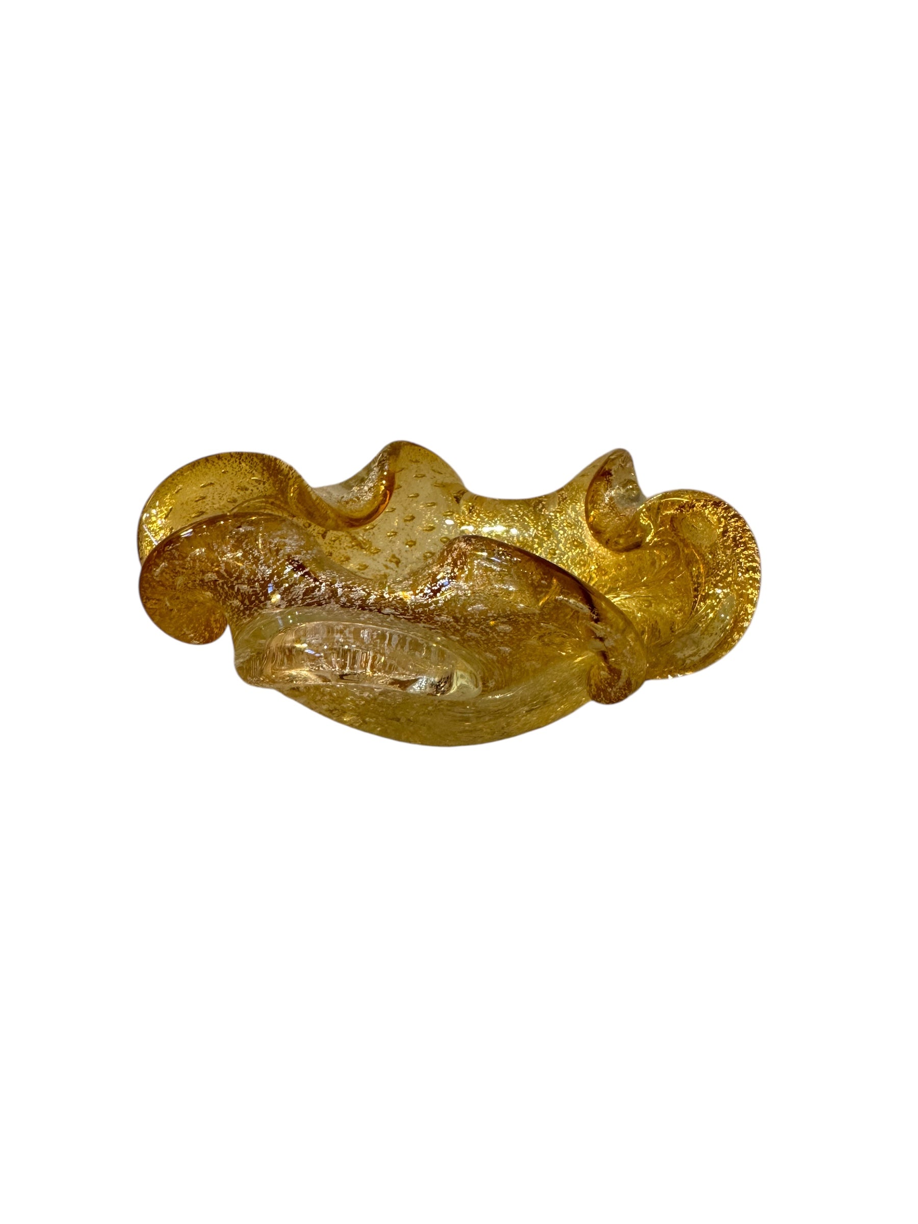 A  vintage Italian Murano glass bowl with a yellow hue, gold Aventurine inclusions, and a bubbly (Bullicante) texture. The bowl is flower-shaped with crimped edge
