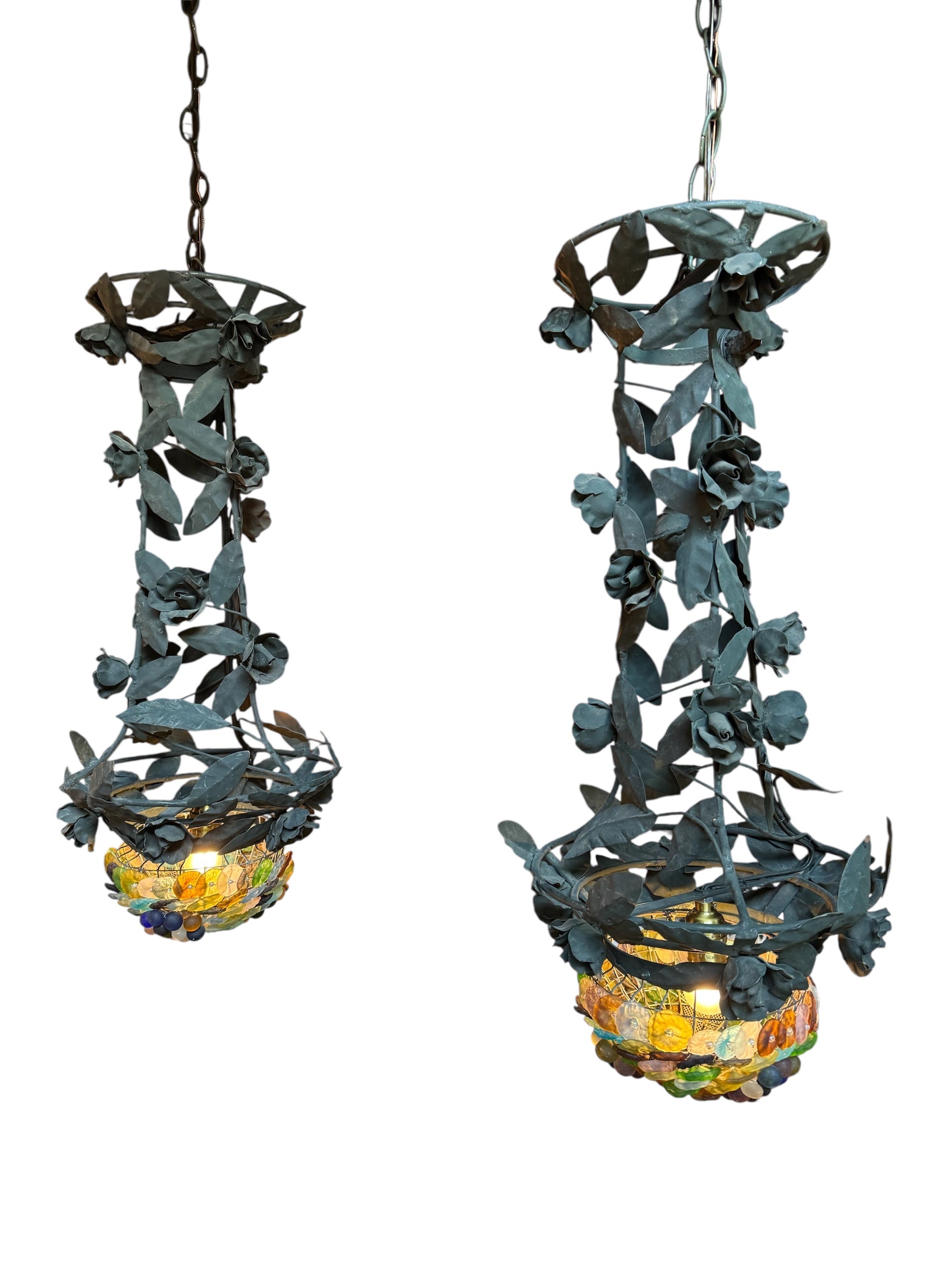 Toleware Lighting Fixtures, Chandelier, Vine shape, glass floral accents, metal, multicolored frosted glass, tole light
