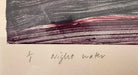 A horizontal, rectangular abstract print titled "Night Water" centered within a white mat and a thin gold frame. The artwork features dense, textured horizontal brushstrokes in deep shades of violet, indigo, and black. A prominent, gestural streak of vibrant red and a softer blush-pink band cut across the dark "water," suggesting a sunset reflection or light hitting a dark surface. The artist's signature, title, and the year 2004 are visible in pencil at the bottom.
