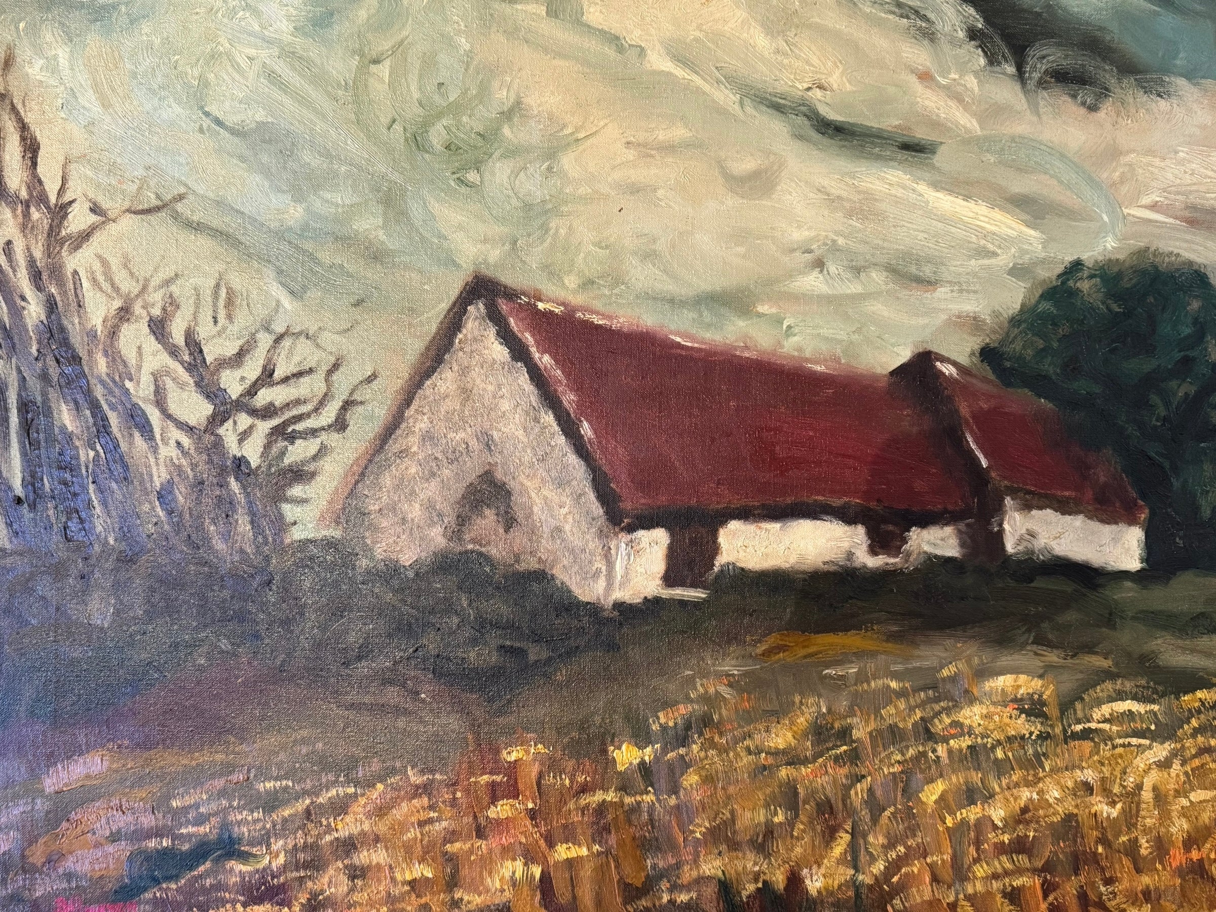 1967 oil painting of a barn and wheat field in its original gold frame, with dramatic sky.