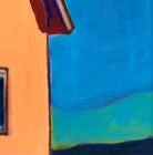 A vibrant, modern painting of a house with a purple side and an orange side with a window under a bright blue sky with a single moon by Elizabeth Payne titled “House in Moonlight”.