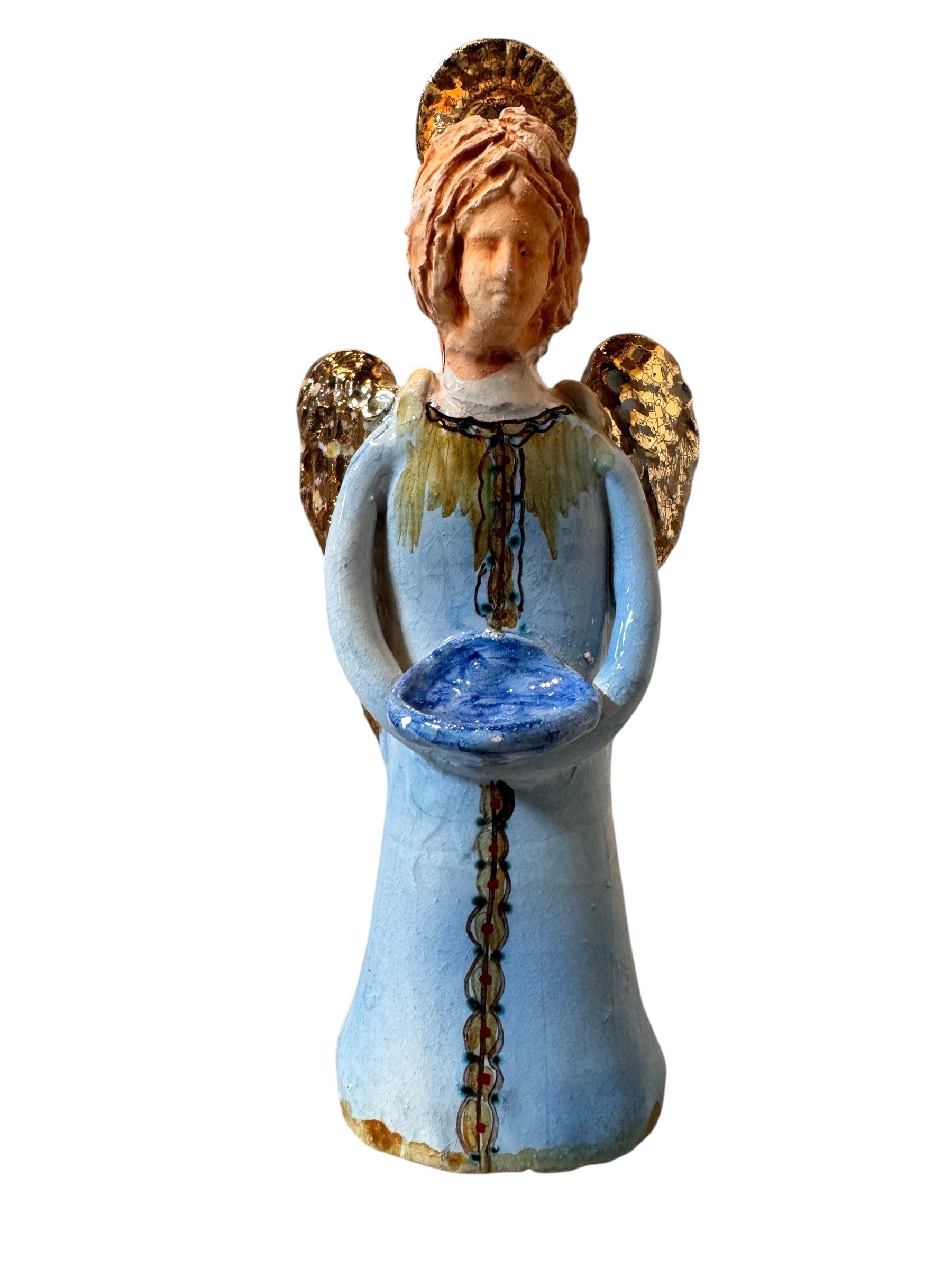 Angeli by Dominico Pinto, Angels, Sculptures, Table top ornaments, Gold accents, blue and white, geometric quilting, ceramic, folk art