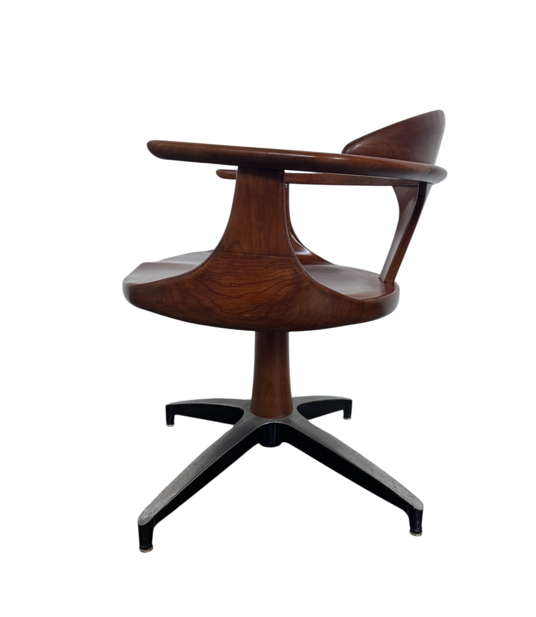 Mid-century modern Cliff House dining chair by Heywood Wakefield, cherry wood with black base.