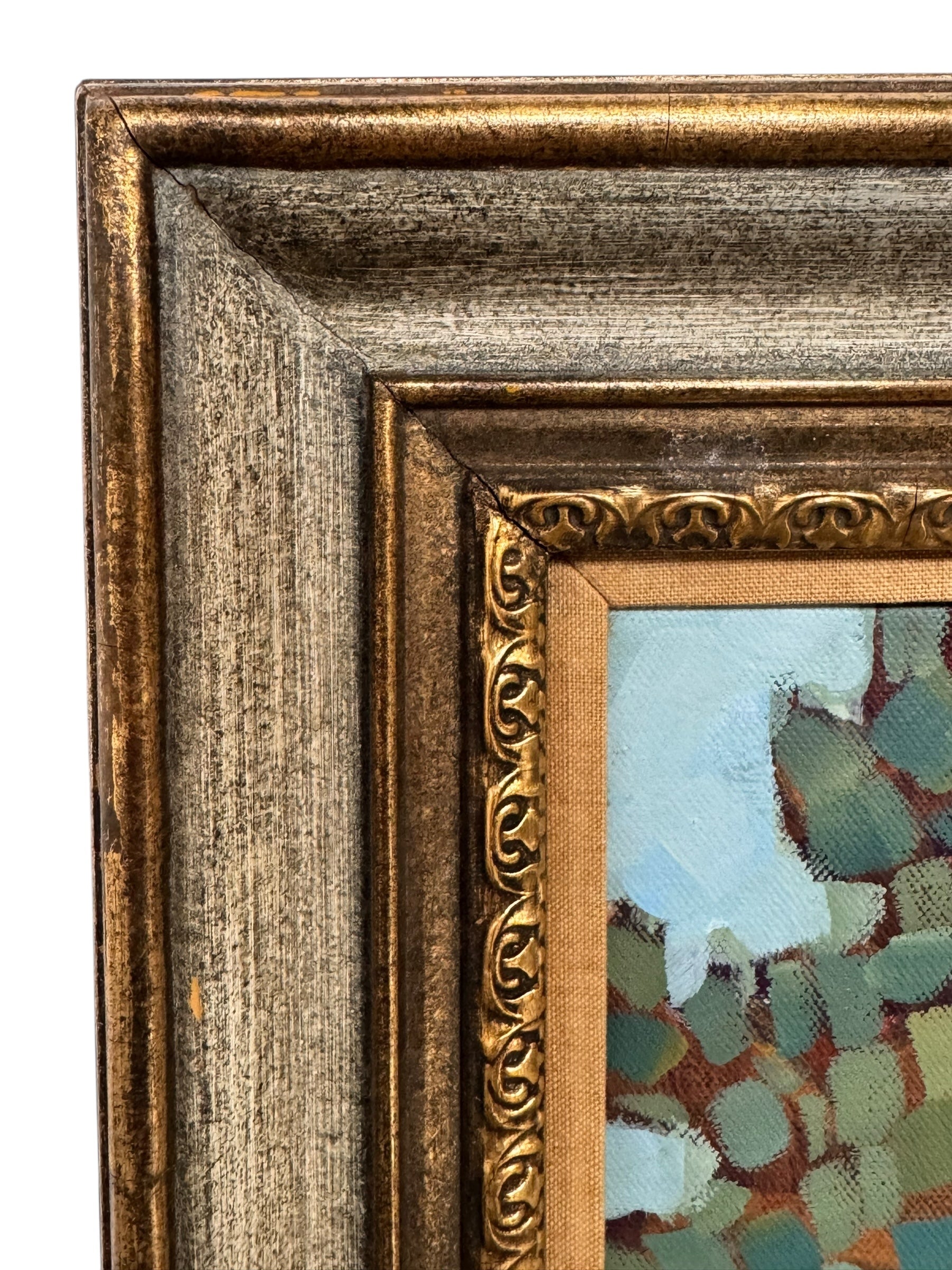 An oil painting by Laura Jacobson featuring three stylized trees with green and brown leaves in a field.