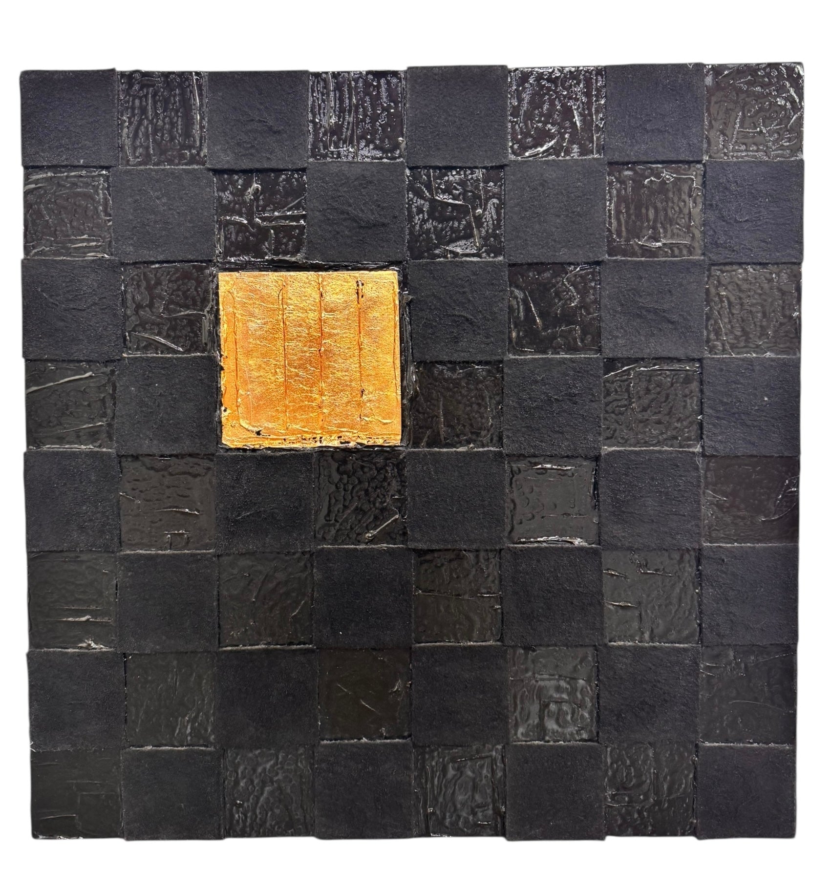A triptych of abstract paintings featuring a grid pattern of textured black squares by Sabine Stromeyer called “Square One”. The left and right panels each have a single vertical gold rectangle in the center, while the middle panel has two stacked gold rectangles in the center.