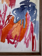 A vertical watercolor painting on paper, framed in a simple dark wood frame. The piece consists of a lively arrangement of gestural, loopy shapes and washes in a warm palette of apricot, magenta, and deep navy blue. The shapes are layered and translucent, with some areas featuring saturated "blooms" of color and others showing thin, wiry line work. The artist's signature and the year '97 are visible in the bottom right corner.