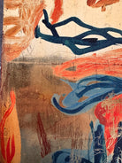 A vertical abstract painting on a shimmering gold-leaf background. The piece is filled with energetic, calligraphic scribbles and fluid shapes in vibrant orange, deep teal, and touches of red. The brushwork varies from thick, opaque strokes to thin, wiry lines that dance across the reflective surface. The composition feels organic and chaotic, like a dense thicket or a fire.