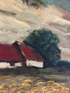 1967 oil painting of a barn and wheat field in its original gold frame, with dramatic sky.