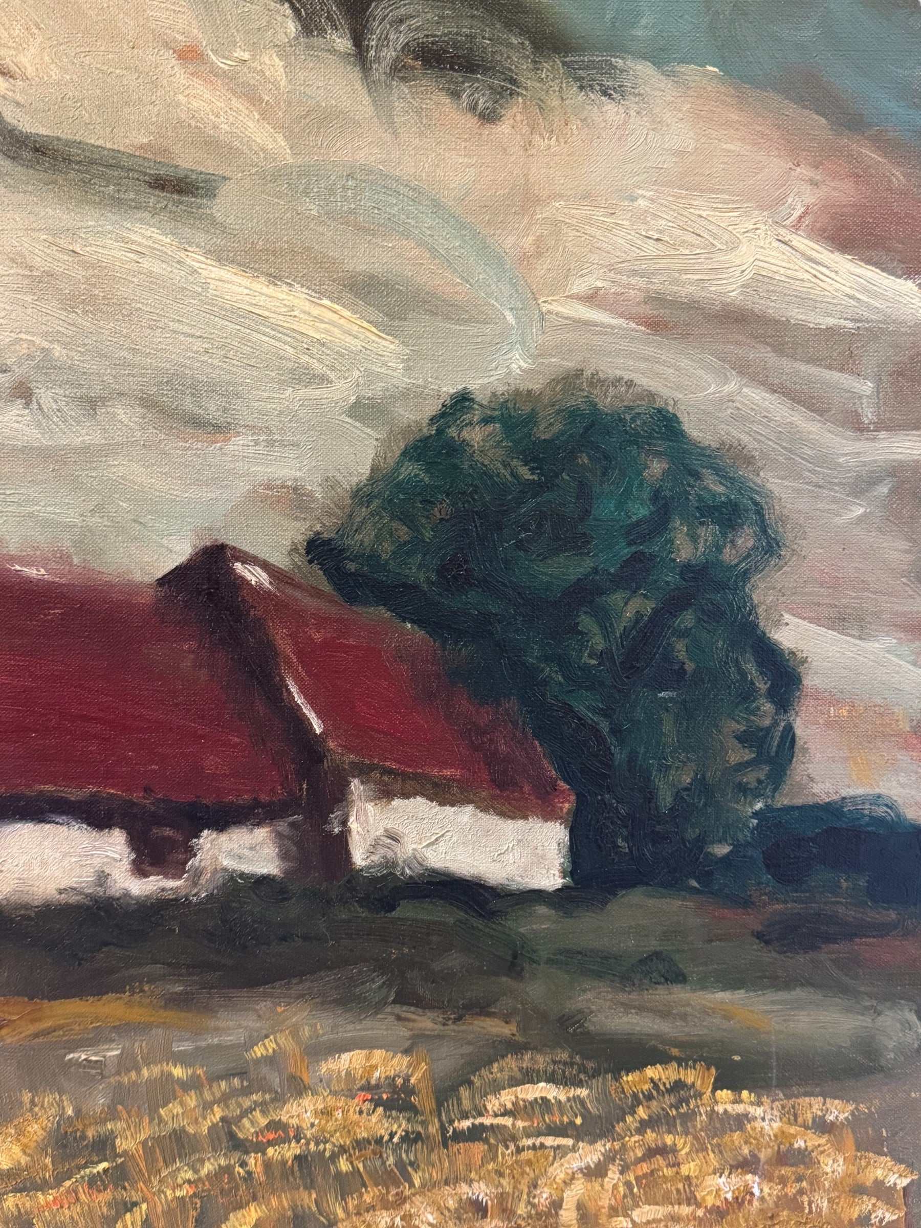 1967 oil painting of a barn and wheat field in its original gold frame, with dramatic sky.