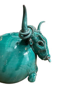 Glossy turquoise ceramic Ankole-Watusi sculpture with long, stylized horns and a nose ring.