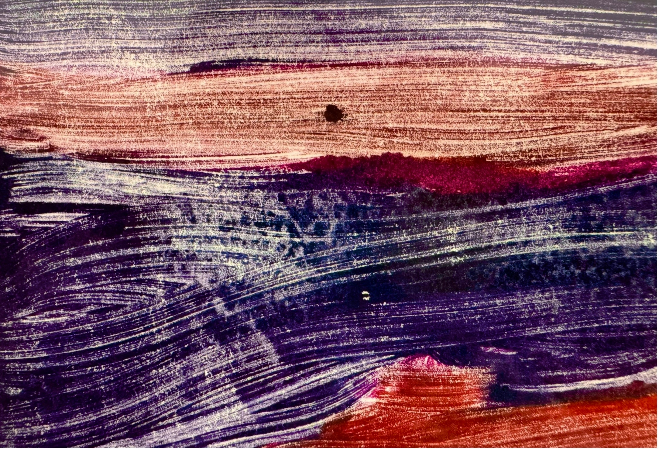 A horizontal, rectangular abstract print titled "Night Water" centered within a white mat and a thin gold frame. The artwork features dense, textured horizontal brushstrokes in deep shades of violet, indigo, and black. A prominent, gestural streak of vibrant red and a softer blush-pink band cut across the dark "water," suggesting a sunset reflection or light hitting a dark surface. The artist's signature, title, and the year 2004 are visible in pencil at the bottom.