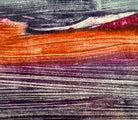 A horizontal, rectangular abstract print titled "Night Water" centered within a white mat and a thin gold frame. The artwork features dense, textured horizontal brushstrokes in deep shades of violet, indigo, and black. A prominent, gestural streak of vibrant red and a softer blush-pink band cut across the dark "water," suggesting a sunset reflection or light hitting a dark surface. The artist's signature, title, and the year 2004 are visible in pencil at the bottom.