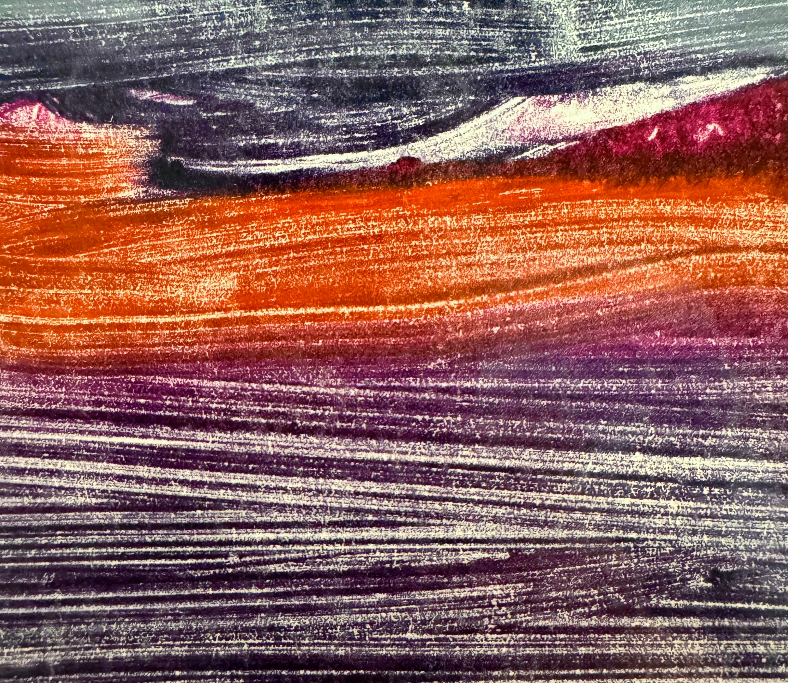 A horizontal, rectangular abstract print titled "Night Water" centered within a white mat and a thin gold frame. The artwork features dense, textured horizontal brushstrokes in deep shades of violet, indigo, and black. A prominent, gestural streak of vibrant red and a softer blush-pink band cut across the dark "water," suggesting a sunset reflection or light hitting a dark surface. The artist's signature, title, and the year 2004 are visible in pencil at the bottom.