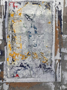 Framed mixed media artwork, 'No. 5' by Sherwin Skynear, 2000. Features abstract textured panels resembling an open book with a gray, white, and subtle colored palette.