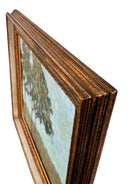 An oil painting by Laura Jacobson featuring three stylized trees with green and brown leaves in a field.