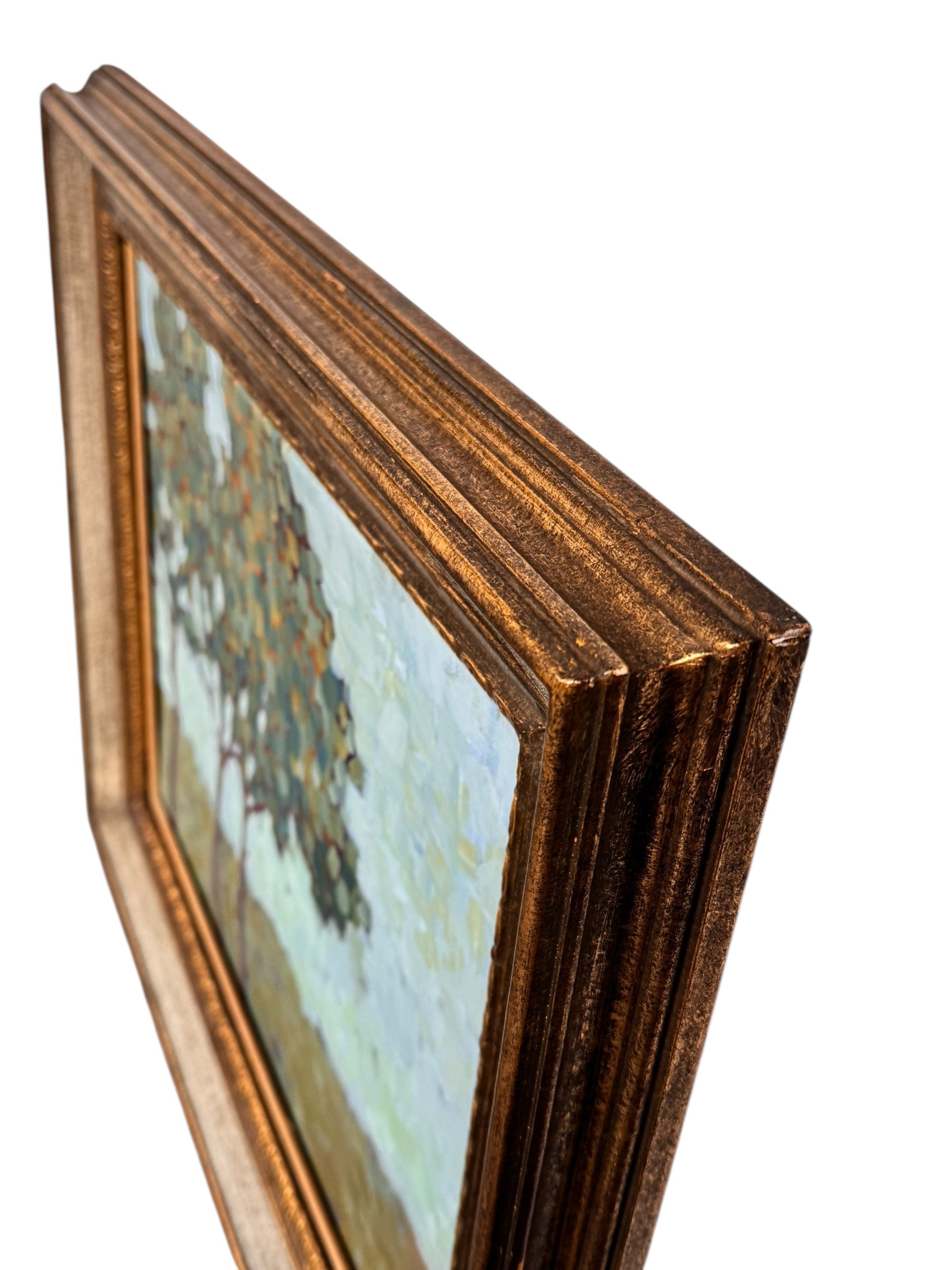 An oil painting by Laura Jacobson featuring three stylized trees with green and brown leaves in a field.