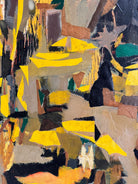 An abstract mixed media painting, titled "Summer Landscape" by Elsa Warner, featuring a dynamic composition of fragmented geometric and organic shapes in vibrant yellow, black, and earthy brown tones. 