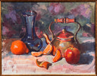 An oil painting still life featuring a copper teapot with a wooden handle, a blue glass vase, a red apple, a whole orange, and several orange slices, all arranged on a white tablecloth against a blurred purple and green background. The artist's signature "B. Willamson 2019" is visible in the bottom right corner.