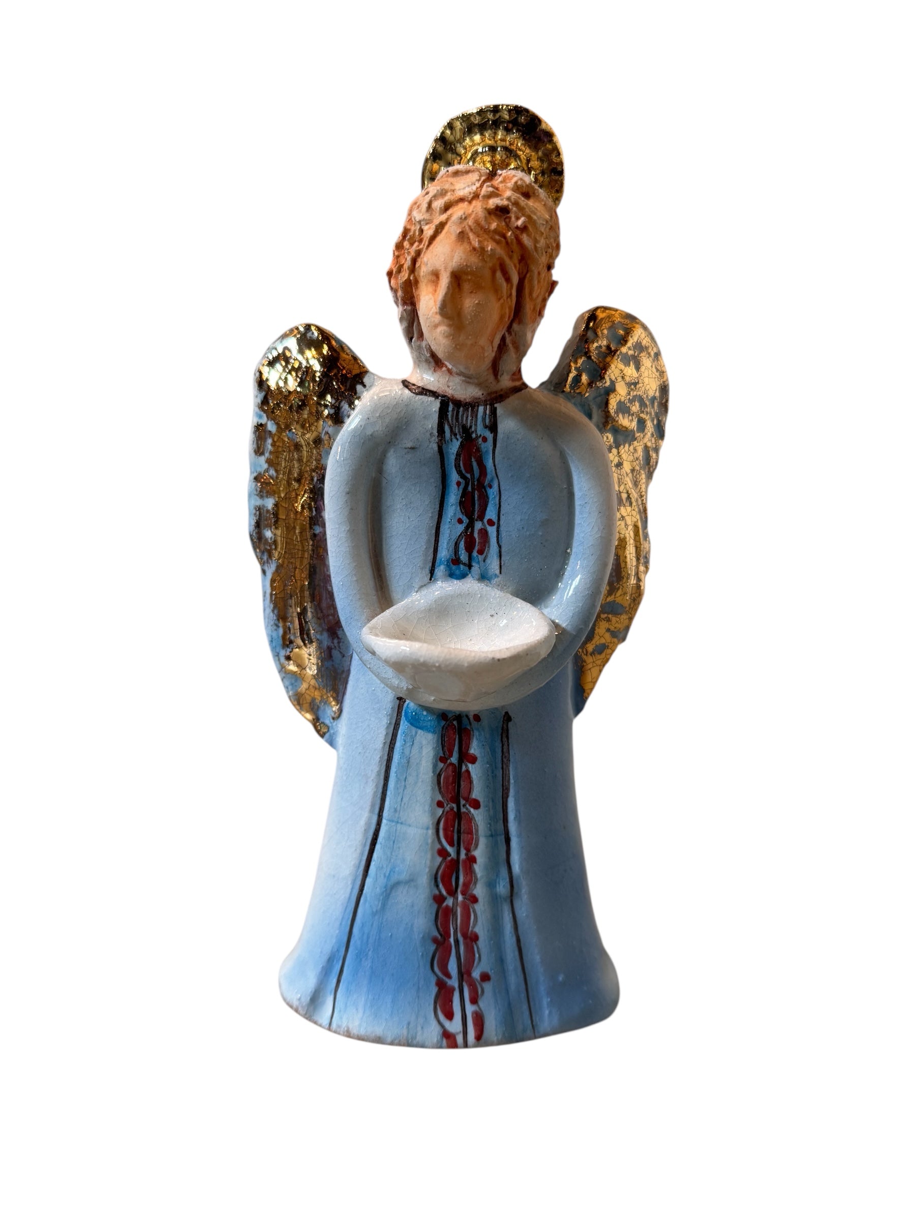 Angeli by Dominico Pinto, Angels, Sculptures, Table top ornaments, Gold accents, blue and white, geometric quilting, ceramic, folk art
