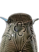 French Art Nouveau Faience Glazed Vases with flower motifs, and thorny wood handles