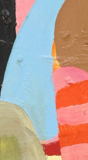 David Alysworth ‘Interfering Friends May Frown’ abstract oil painting in a brightly colored, abstract acrylic painting on canvas by depicting a landscape using thick, bold strokes of light blue, pink, orange, green, black, and brown a black wooden lacquered frame