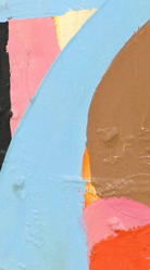 David Alysworth ‘Interfering Friends May Frown’ abstract oil painting in a brightly colored, abstract acrylic painting on canvas by depicting a landscape using thick, bold strokes of light blue, pink, orange, green, black, and brown a black wooden lacquered frame