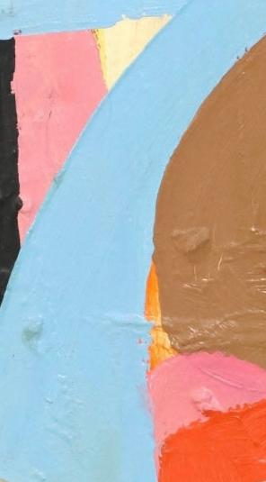 David Alysworth ‘Interfering Friends May Frown’ abstract oil painting in a brightly colored, abstract acrylic painting on canvas by depicting a landscape using thick, bold strokes of light blue, pink, orange, green, black, and brown a black wooden lacquered frame