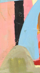 David Alysworth ‘Interfering Friends May Frown’ abstract oil painting in a brightly colored, abstract acrylic painting on canvas by depicting a landscape using thick, bold strokes of light blue, pink, orange, green, black, and brown a black wooden lacquered frame