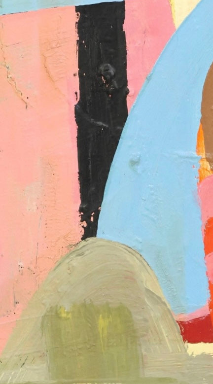 David Alysworth ‘Interfering Friends May Frown’ abstract oil painting in a brightly colored, abstract acrylic painting on canvas by depicting a landscape using thick, bold strokes of light blue, pink, orange, green, black, and brown a black wooden lacquered frame